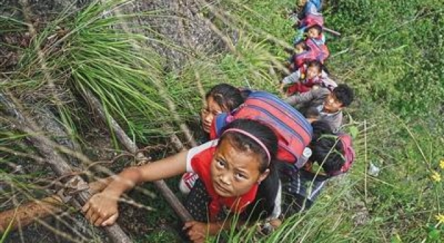 四川现悬崖上的村庄：孩子上下学爬藤梯 曾摔死过多人