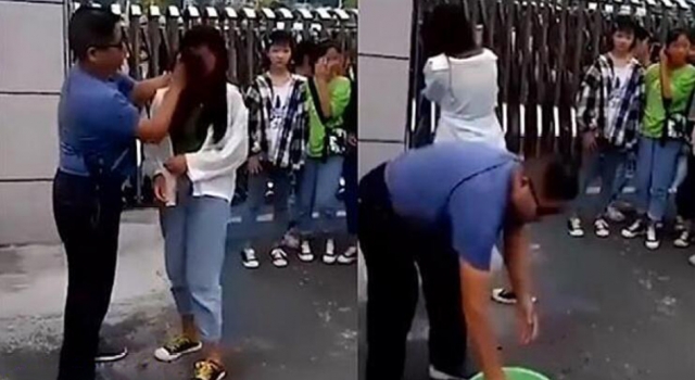 老师提水桶校门口给女生卸妆 太粗暴！手抓头发强行擦