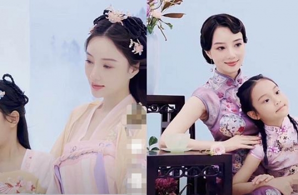 李小璐母女穿古装过中秋，甜馨豁牙仍自信大笑，李小璐温柔典雅