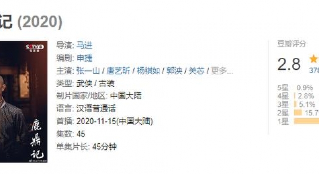 新《鹿鼎记》豆瓣仅2.8分 网友：韦小宝演得像猴子